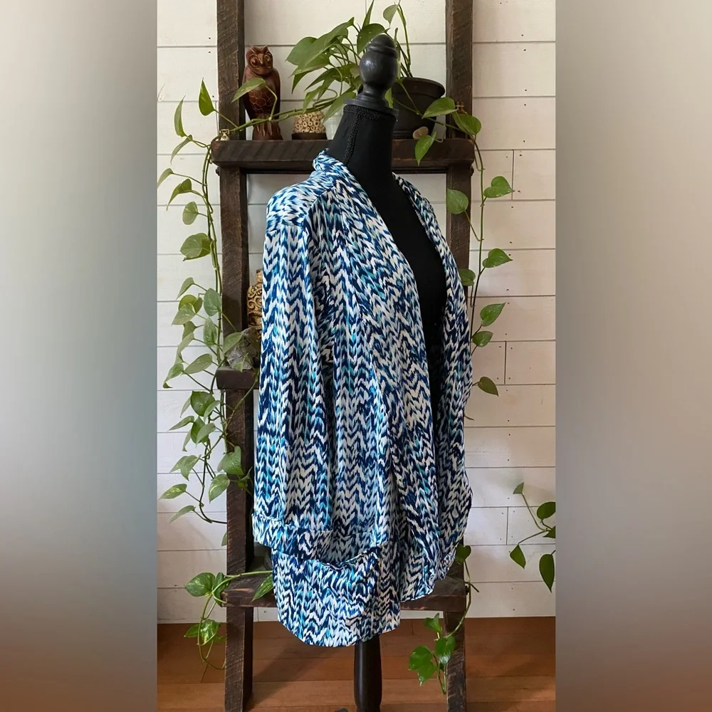 Robert Louis: Blue and White Coastal Grandma Cardigan with Flowing Silhouette